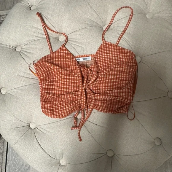 Zara Orange and White Ruched Midi Skirt and Top - Picture 6 of 9